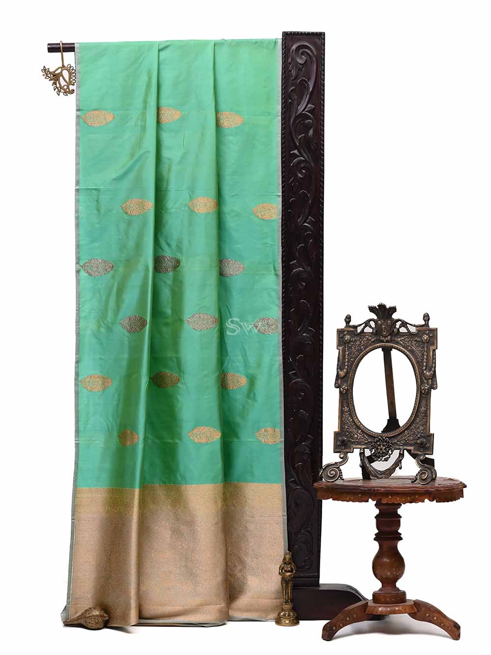 Sea Green Boota Katan Silk Handloom Banarasi Saree - Sacred Weaves