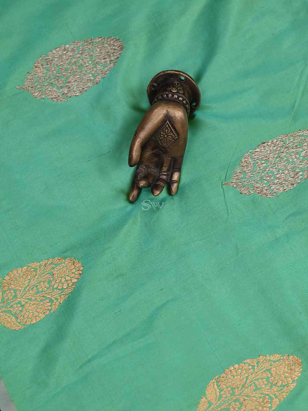 Sea Green Boota Katan Silk Handloom Banarasi Saree - Sacred Weaves