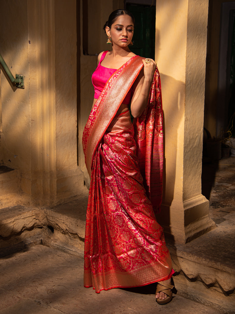 Pink Meenakari Uppada Katan Silk Handloom Banarasi Saree - Sacred Weaves