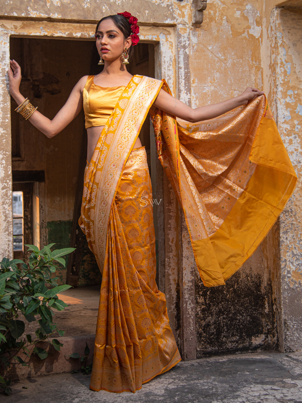 Yellow Meenakari Uppada Katan Silk Handloom Banarasi Saree - Sacred Weaves