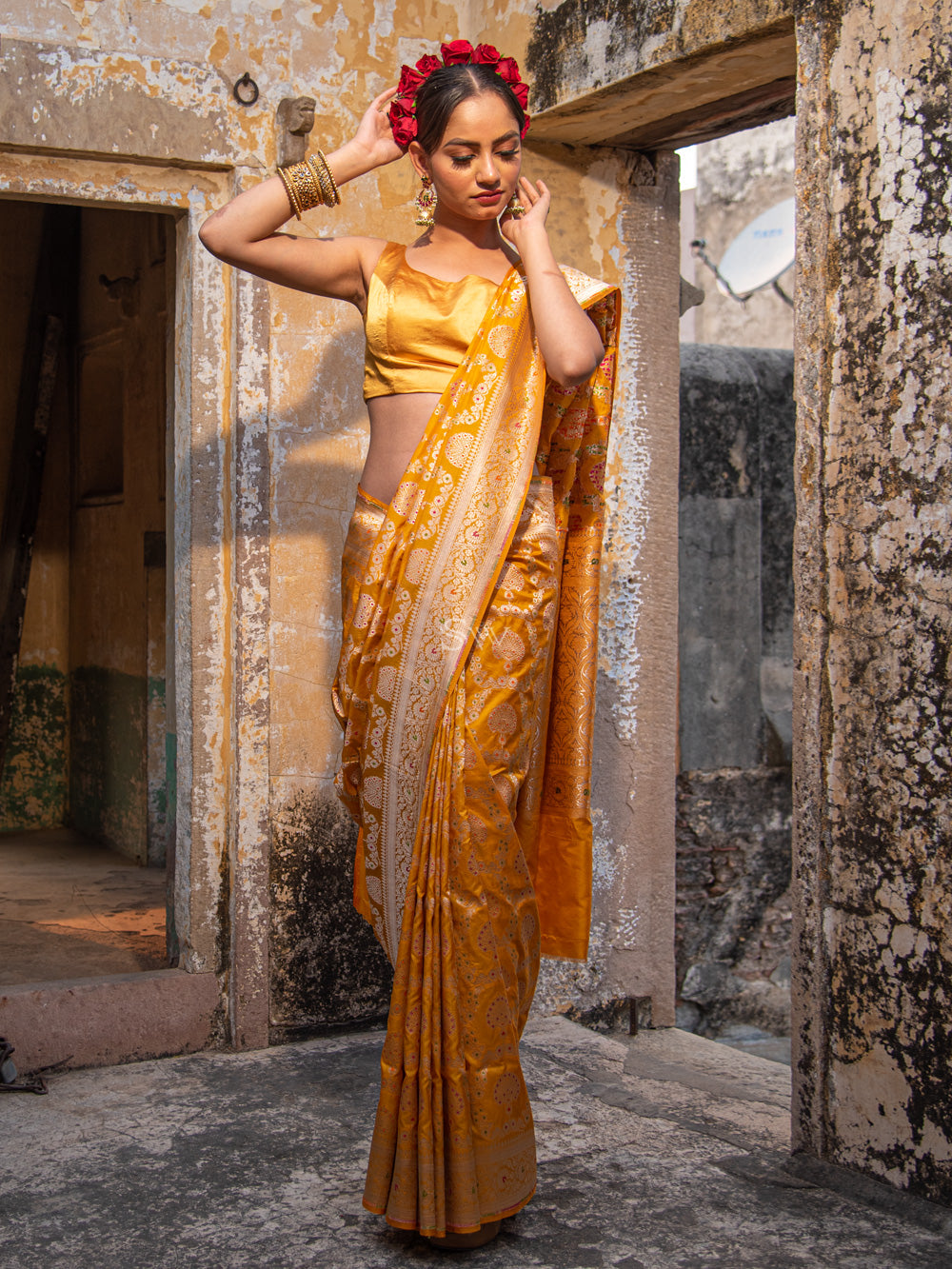 Yellow Meenakari Uppada Katan Silk Handloom Banarasi Saree - Sacred Weaves