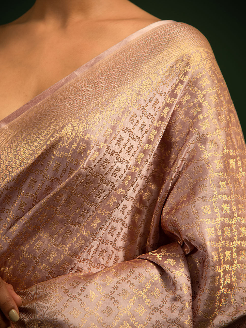 Pastel Mauve Pink Jaal Satin Brocade Handloom Banarasi Saree - Sacred Weaves