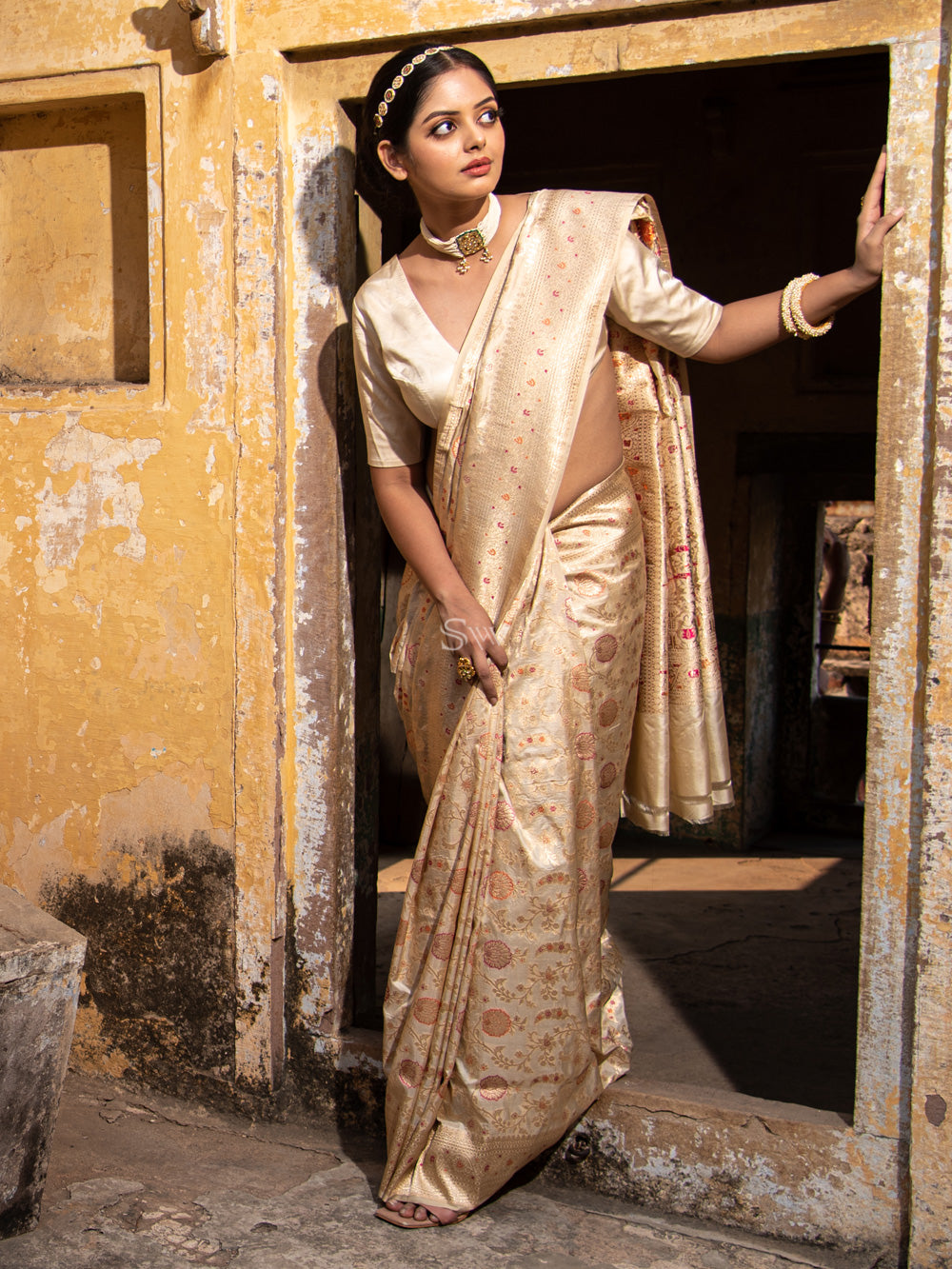 Beige Meenakari Uppada Katan Silk Handloom Banarasi Saree - Sacred Weaves
