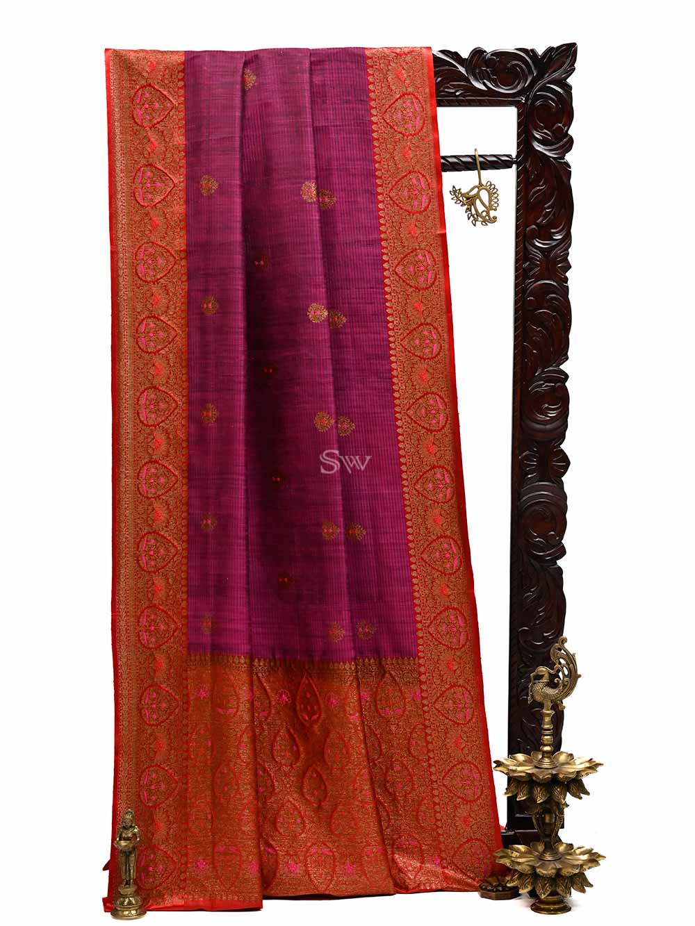 Magenta Meenakari Boota Dupion Silk Handloom Banarasi Saree - Sacred Weaves