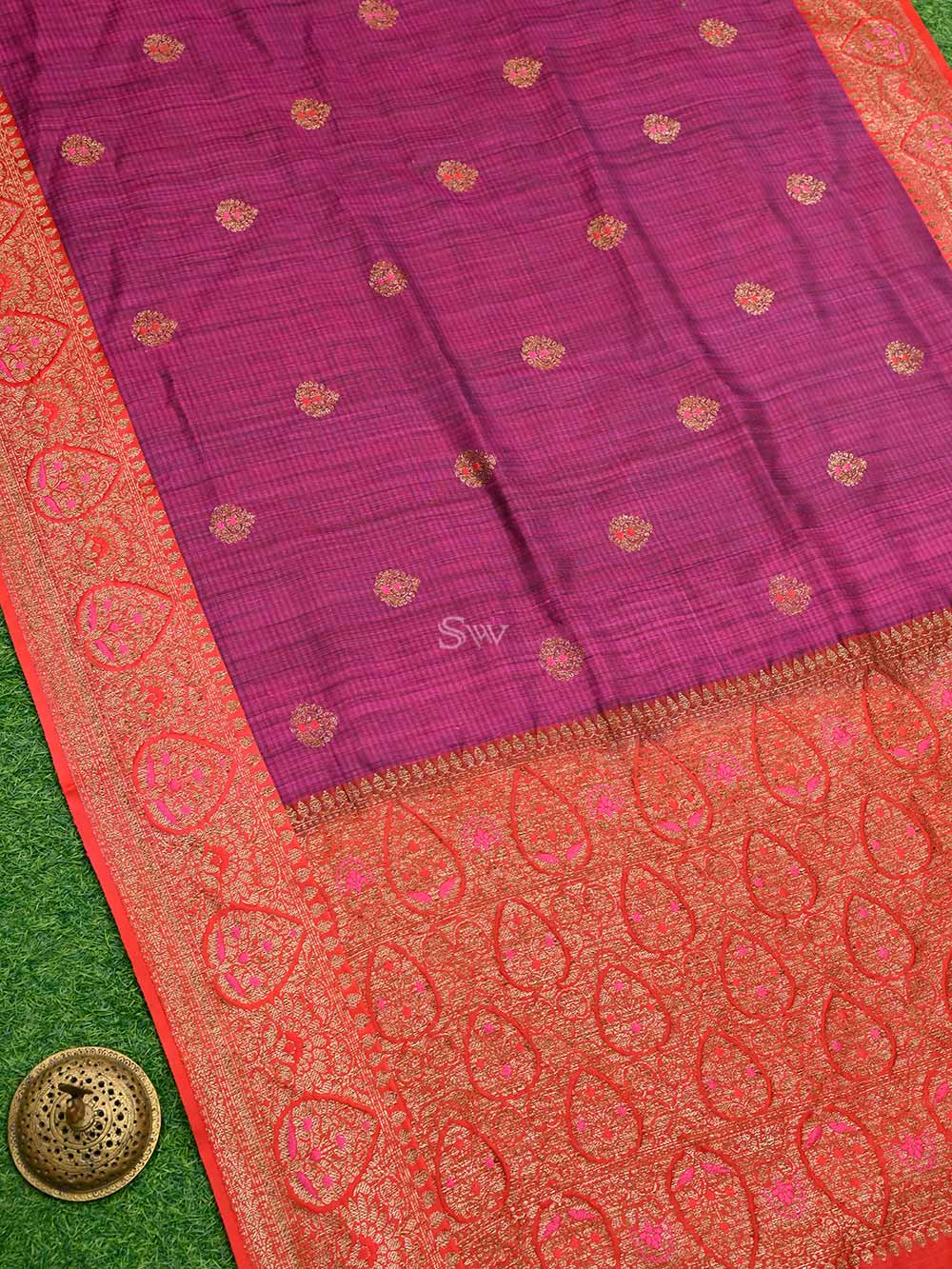 Magenta Meenakari Boota Dupion Silk Handloom Banarasi Saree - Sacred Weaves