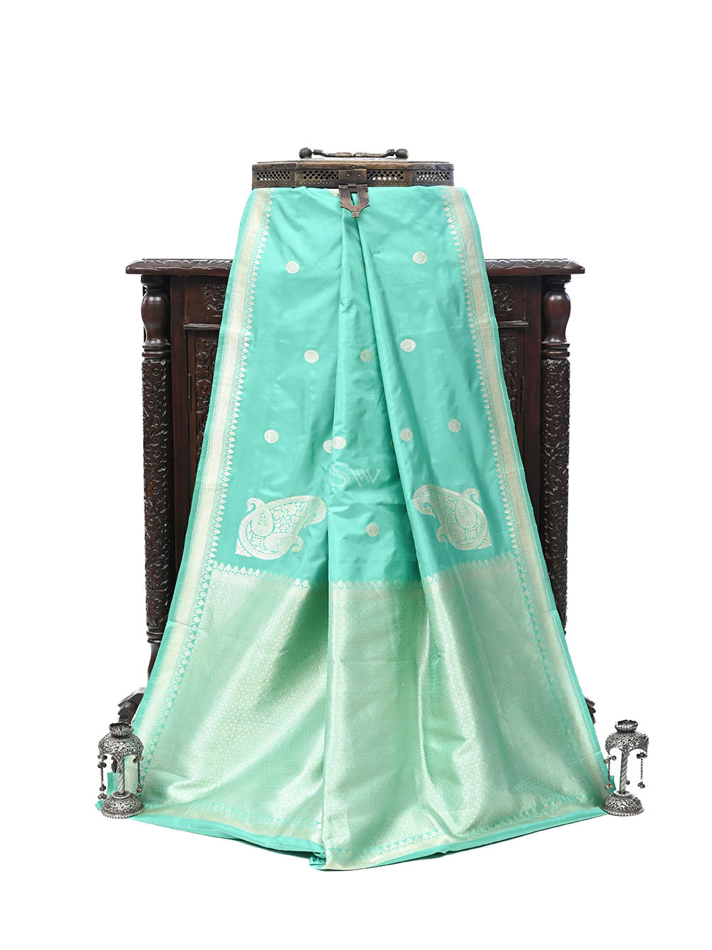 Sea Green Konia Katan Silk Handloom Banarasi Saree - Sacred Weaves