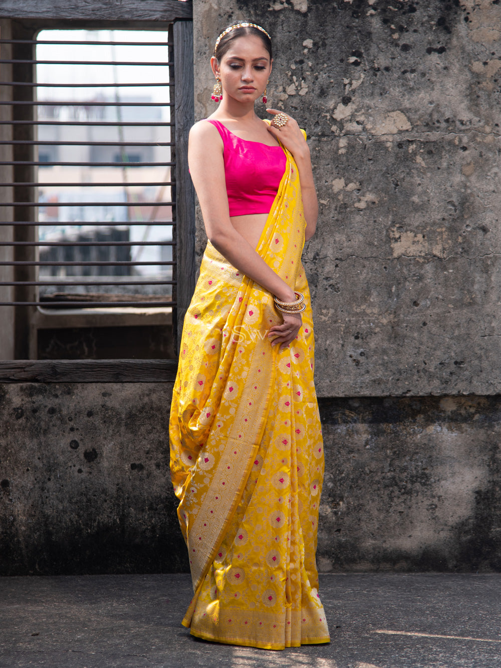 Yellow Meenakari Uppada Katan Silk Handloom Banarasi Saree - Sacred Weaves