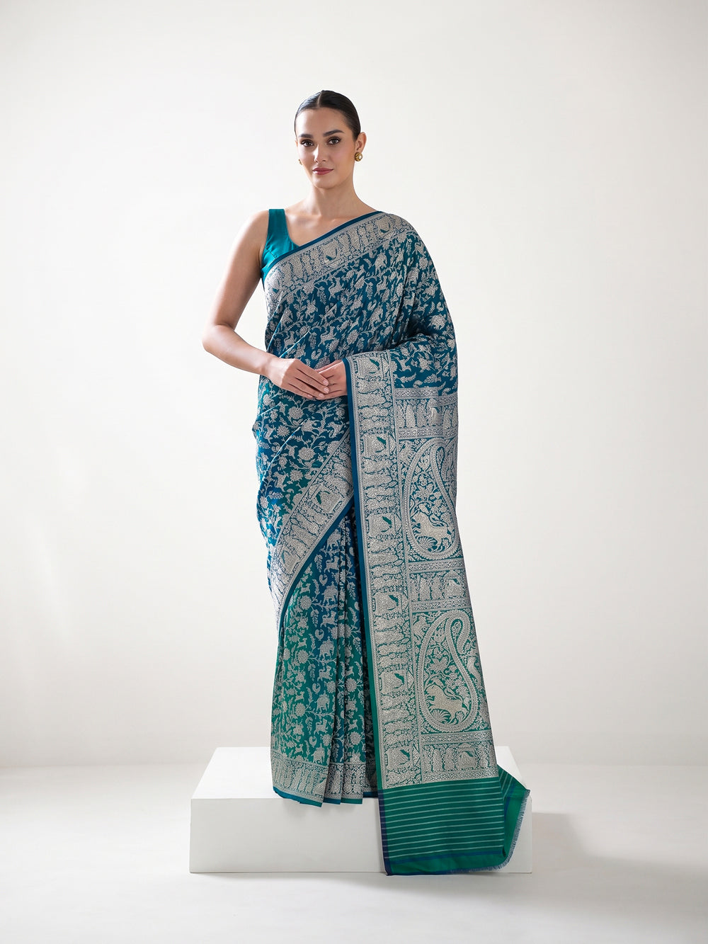 Teal Green Shikargah Katan Silk Handloom Banarasi Saree - Sacred Weaves