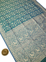 Teal Green Shikargah Katan Silk Handloom Banarasi Saree - Sacred Weaves