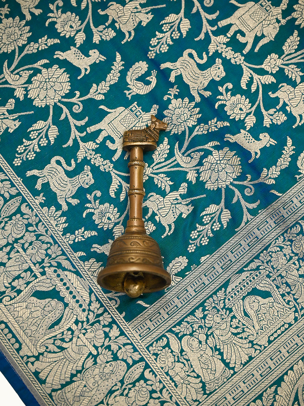Teal Green Shikargah Katan Silk Handloom Banarasi Saree - Sacred Weaves