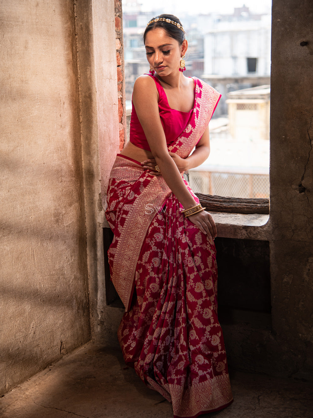 Dark Pink Meenakari Uppada Katan Silk Handloom Banarasi Saree - Sacred Weaves