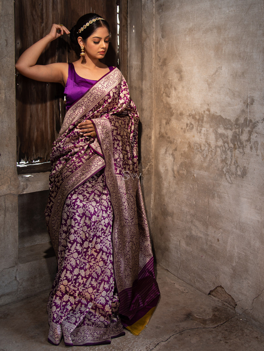 Purple Shikargah Katan Silk Handloom Banarasi Saree - Sacred Weaves