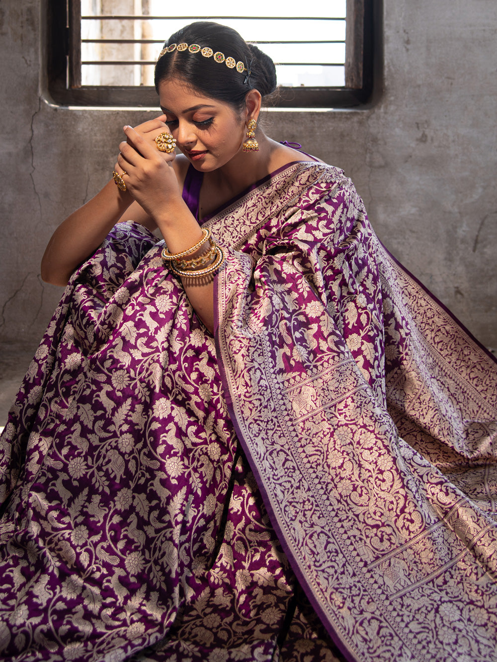 Purple Shikargah Katan Silk Handloom Banarasi Saree - Sacred Weaves