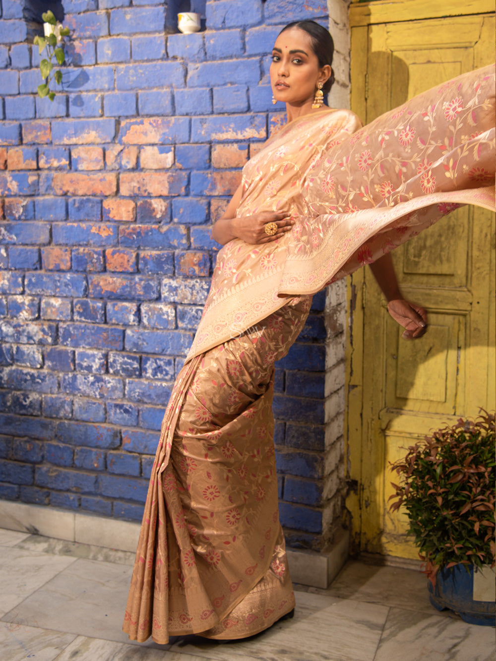 Pastel Peach Meenakari Uppada Katan Silk Handloom Banarasi Saree - Sacred Weaves