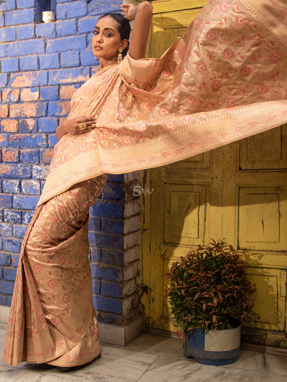 Pastel Peach Meenakari Uppada Katan Silk Handloom Banarasi Saree - Sacred Weaves