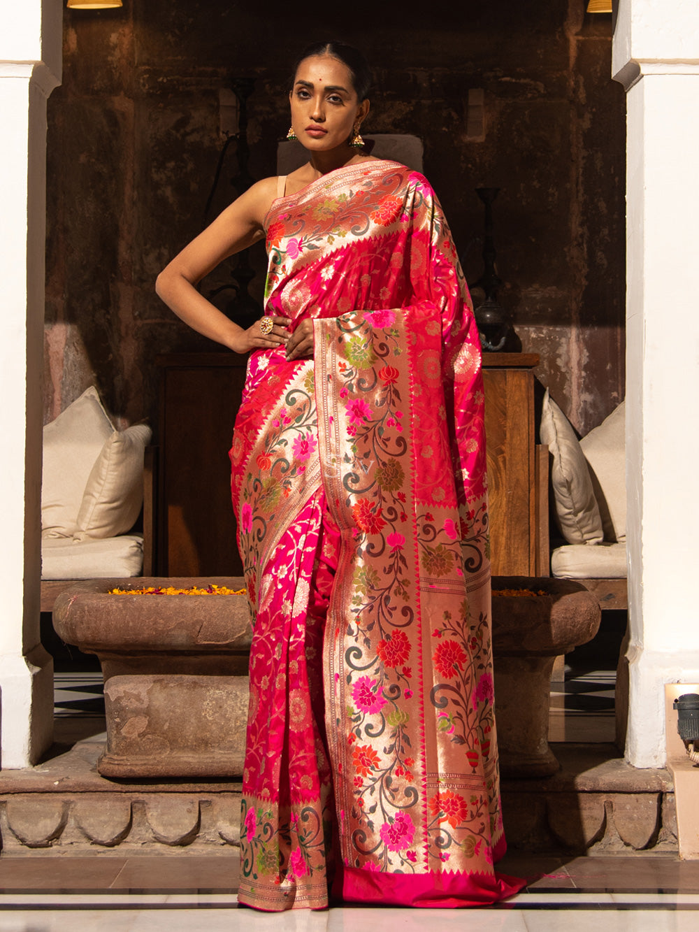 Pink Orange Paithani Katan Silk Handloom Banarasi Saree - Sacred Weaves