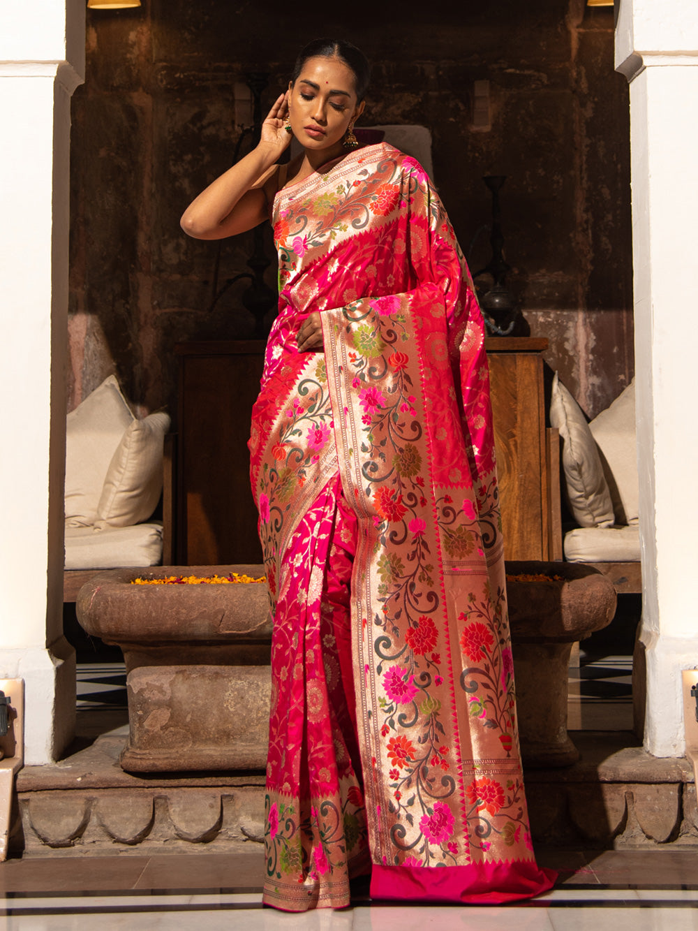 Pink Orange Paithani Katan Silk Handloom Banarasi Saree - Sacred Weaves