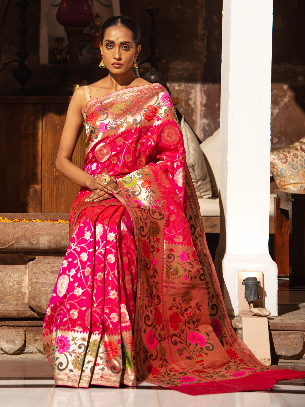 Pink Orange Paithani Katan Silk Handloom Banarasi Saree - Sacred Weaves