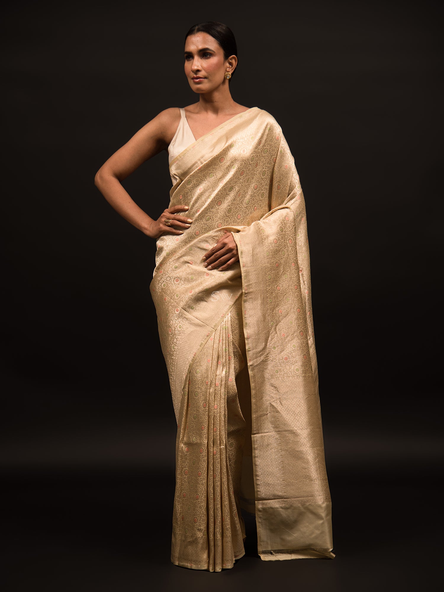 Beige Katan Silk Brocade Handloom Banarasi Saree - Sacred Weaves