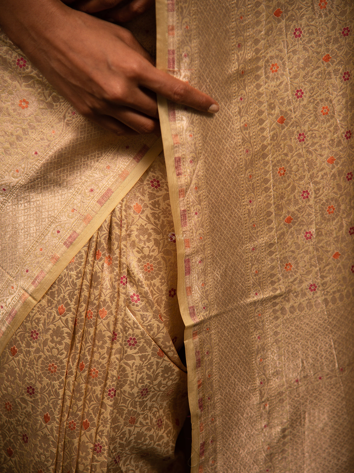 Beige Katan Silk Brocade Handloom Banarasi Saree