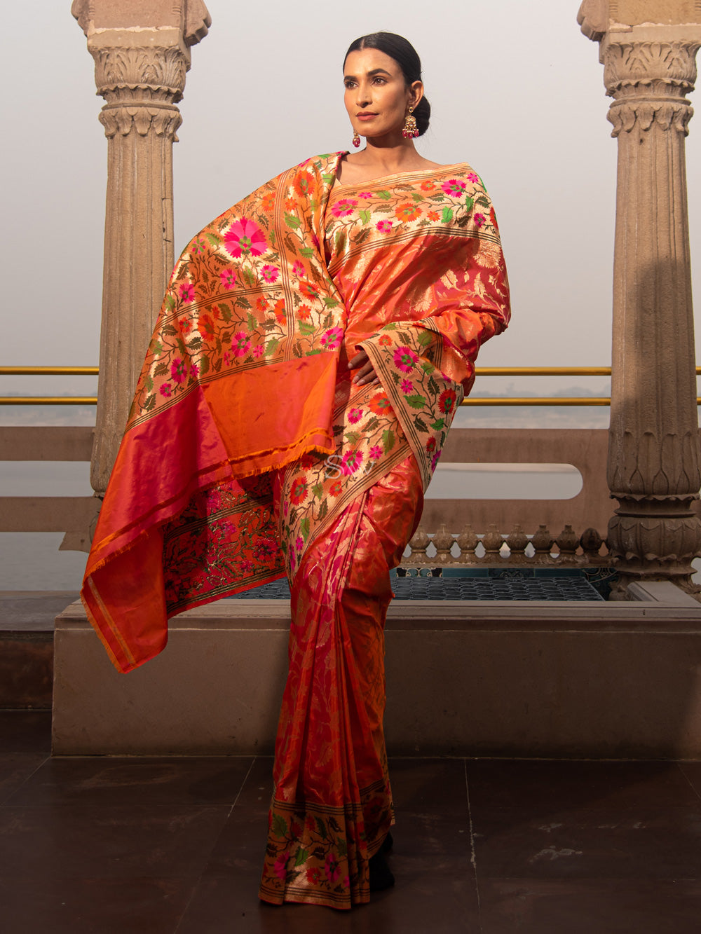 Orange Pink Paithani Katan Silk Handloom Banarasi Saree - Sacred Weaves