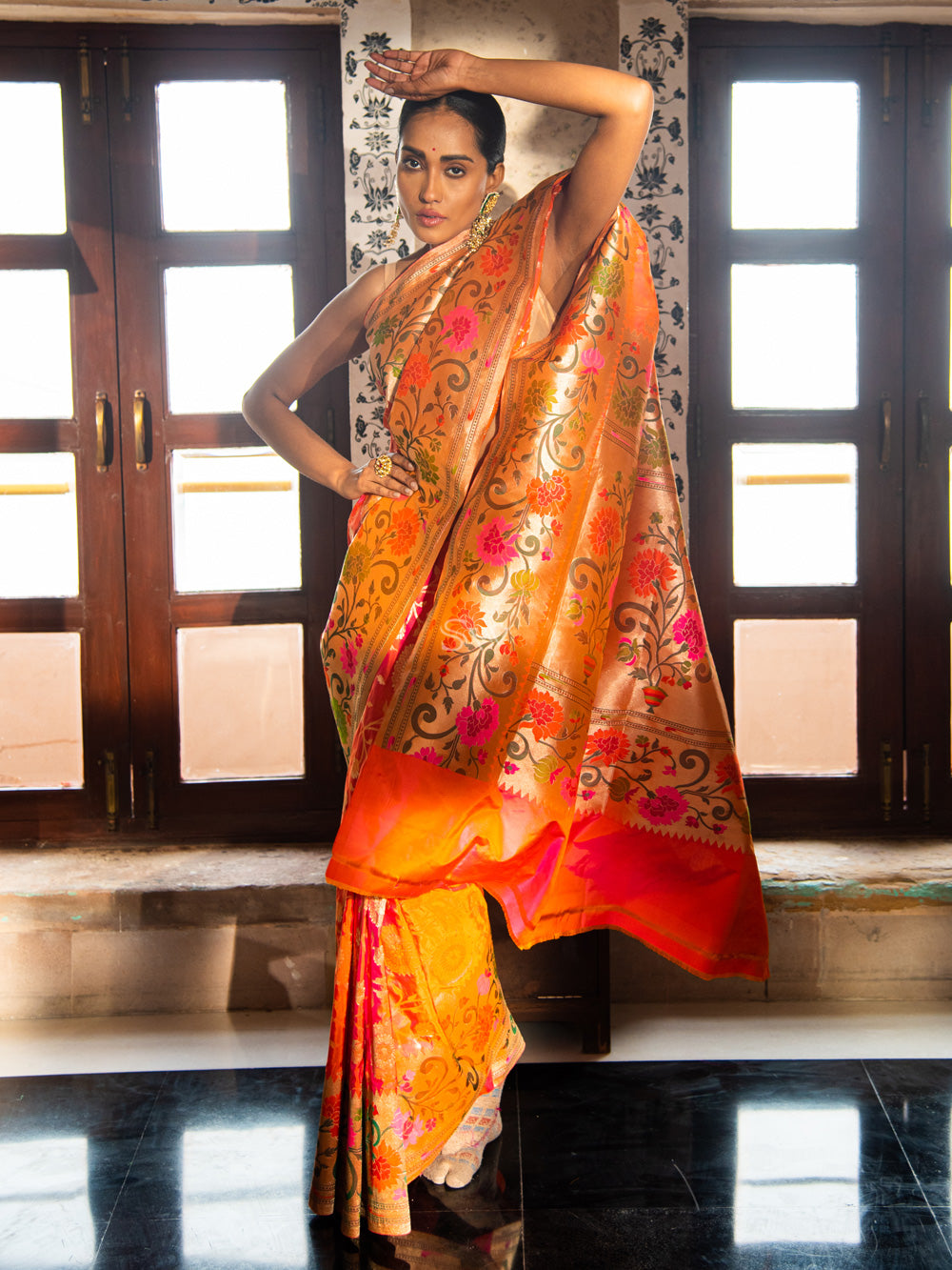 Orange Pink Paithani Katan Silk Handloom Banarasi Saree - Sacred Weaves