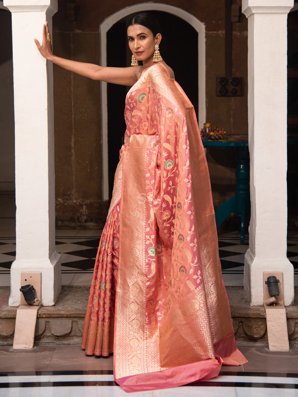 Peach Meenakari Katan Silk Handloom Banarasi Saree - Sacred Weaves