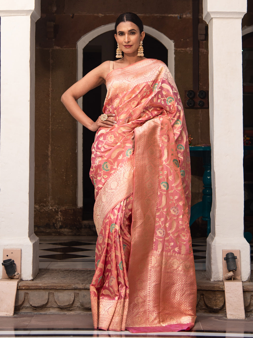 Maya Peach Banarasi Saree – Zariknyaa