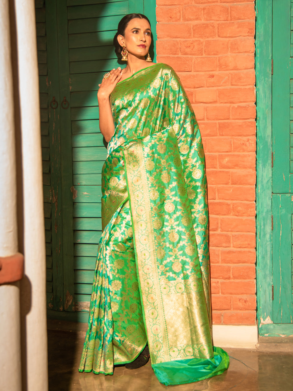 Sea Green Meenakari Uppada Katan Silk Handloom Banarasi Saree - Sacred Weaves