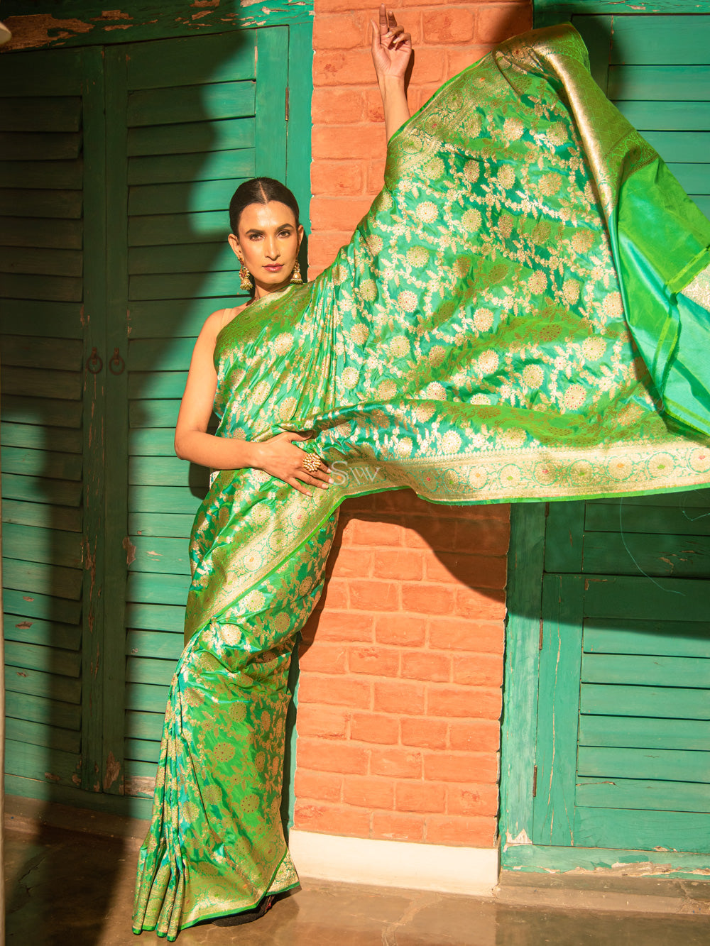 Sea Green Meenakari Uppada Katan Silk Handloom Banarasi Saree - Sacred Weaves
