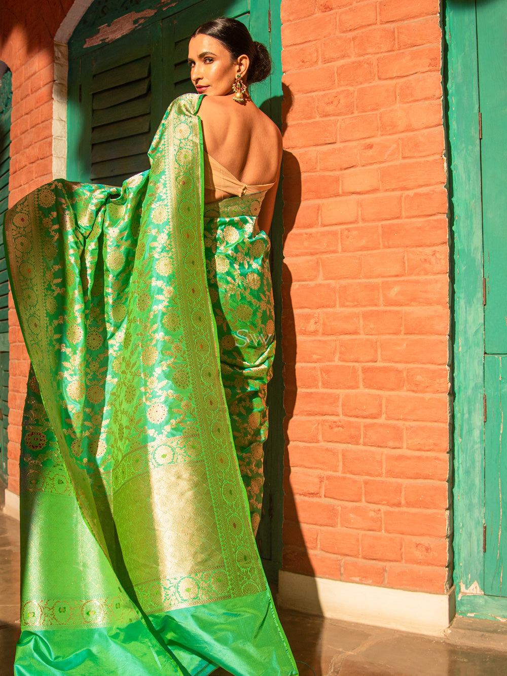 Sea Green Meenakari Uppada Katan Silk Handloom Banarasi Saree - Sacred Weaves