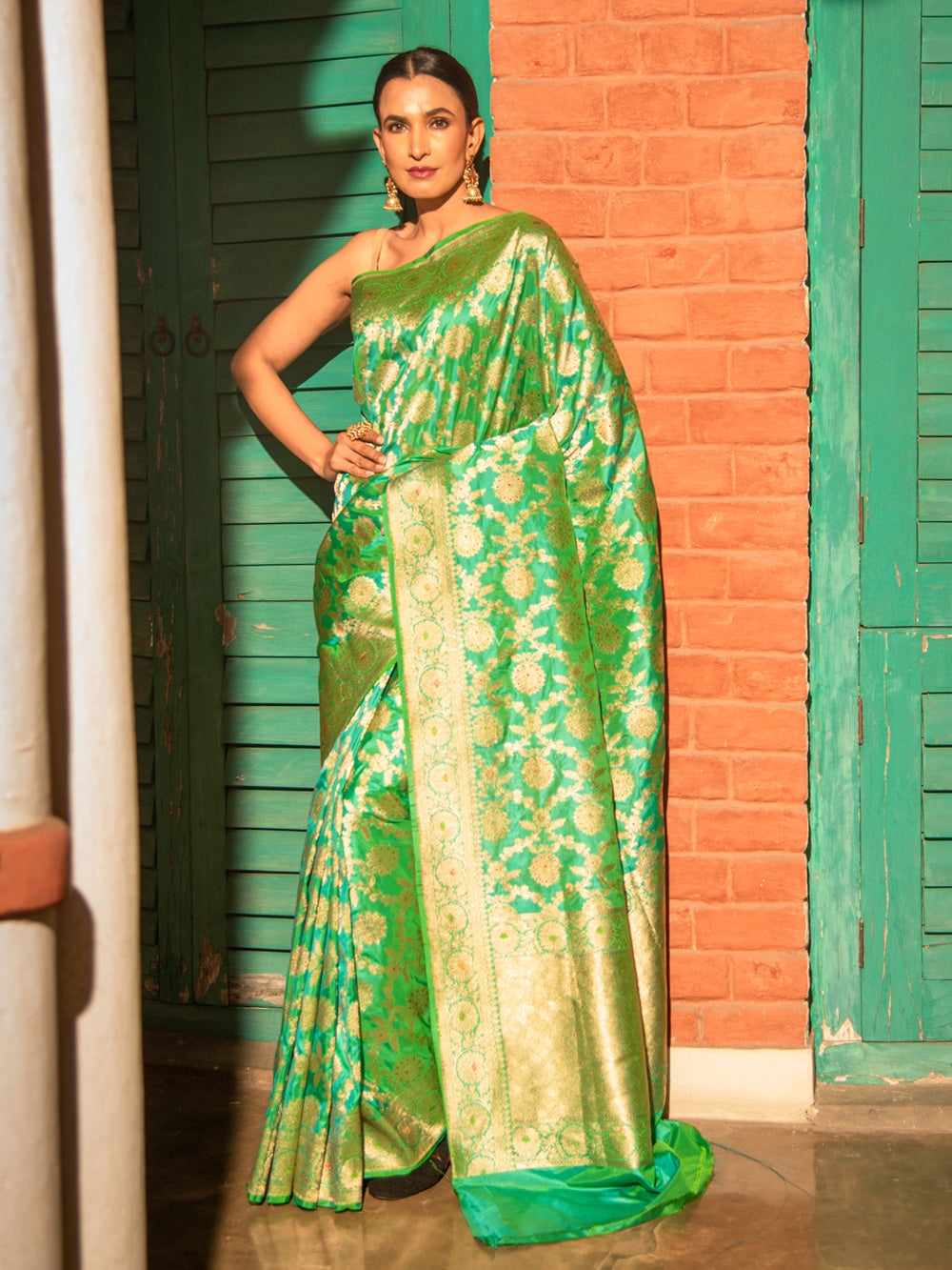 Sea Green Meenakari Uppada Katan Silk Handloom Banarasi Saree - Sacred Weaves