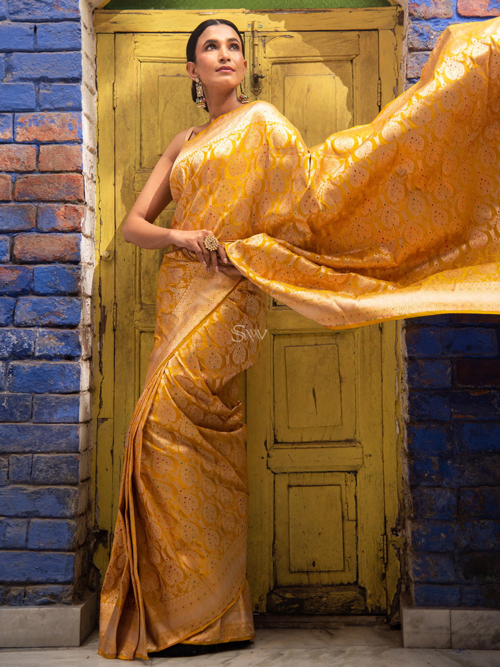 Yellow Meenakari Uppada Katan Silk Handloom Banarasi Saree - Sacred Weaves