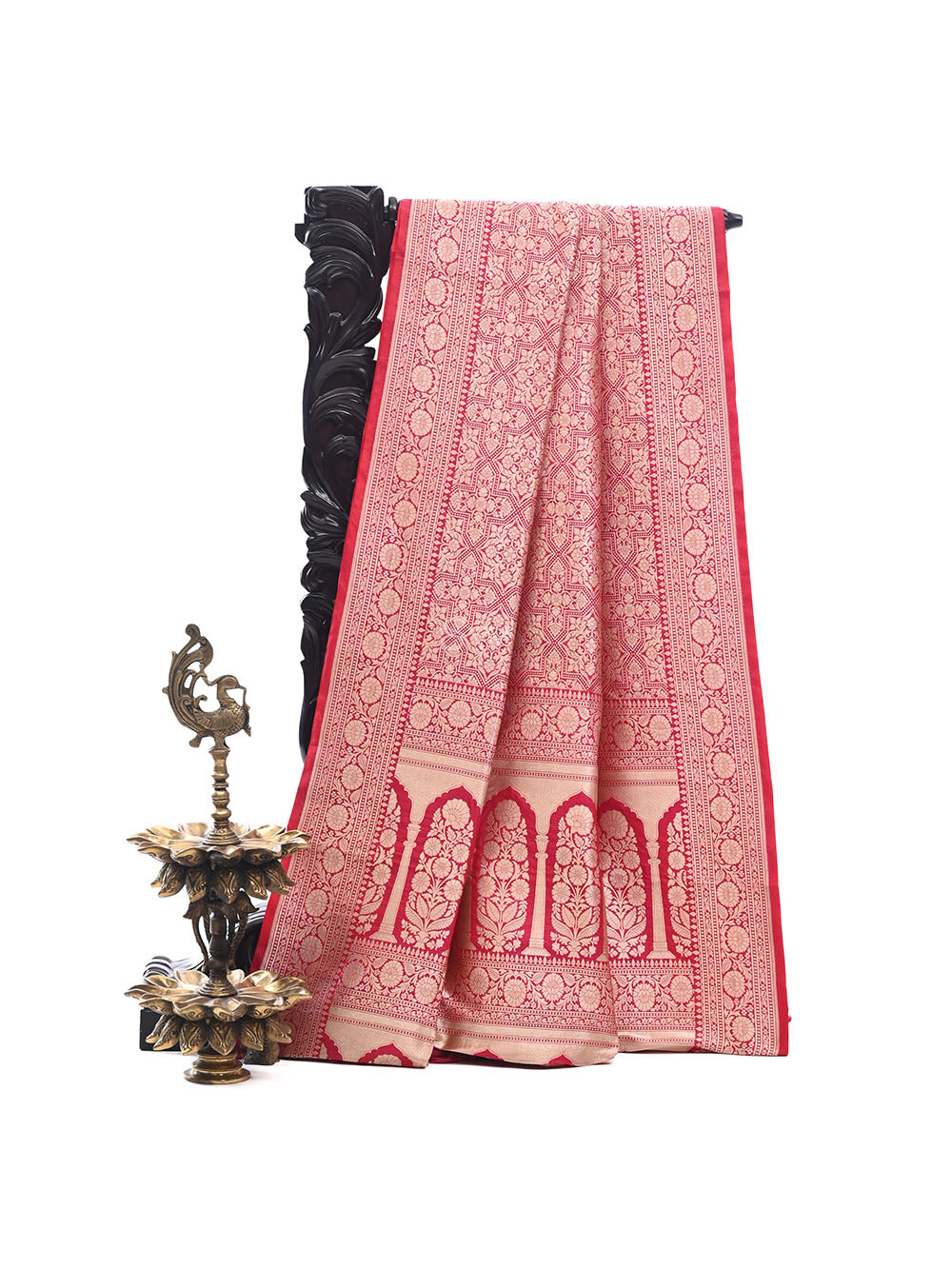 Pink Red Katan Silk Brocade Handloom Banarasi Saree - Sacred Weaves