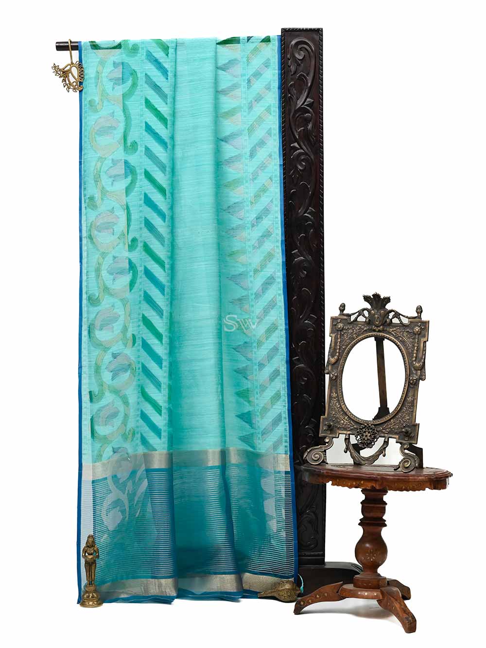 Sea Green Rangkat Linen Handloom Banarasi Saree - Sacred Weaves