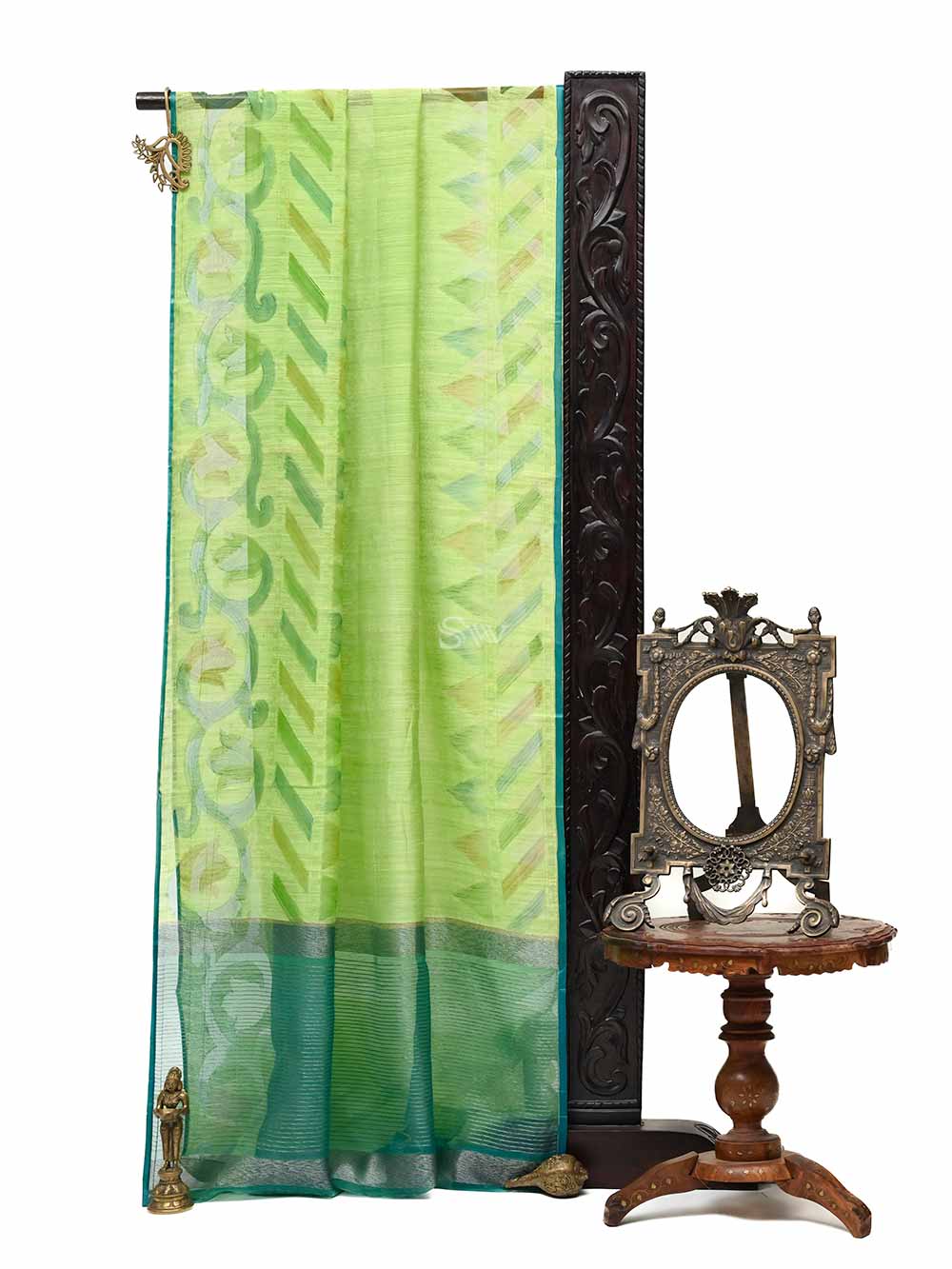 Light Green Rangkat Linen Handloom Banarasi Saree - Sacred Weaves