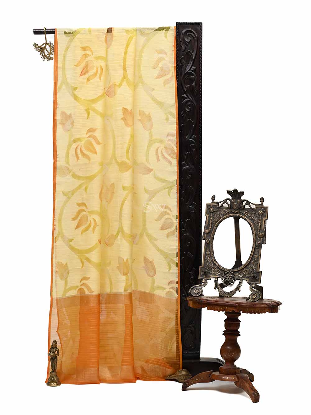 Pastel Yellow Rangkat Jaal Linen Handloom Banarasi Saree - Sacred Weaves