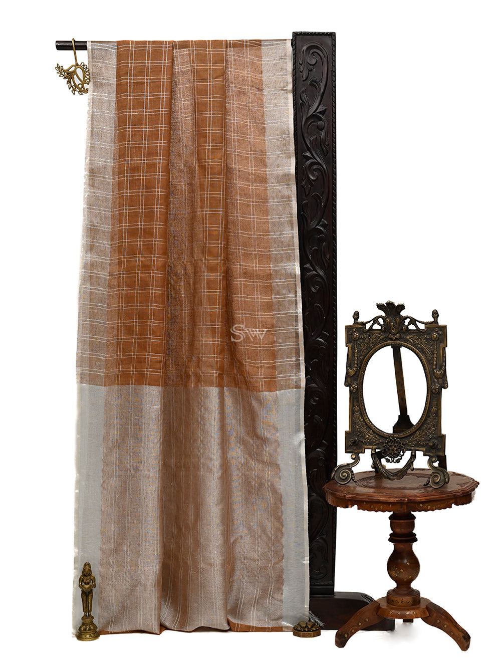 Brown Linen Check Handloom Banarasi Saree - Sacred Weaves