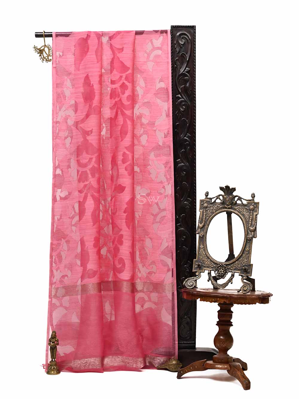 Pink Jaal Linen Handloom Banarasi Saree - Sacred Weaves