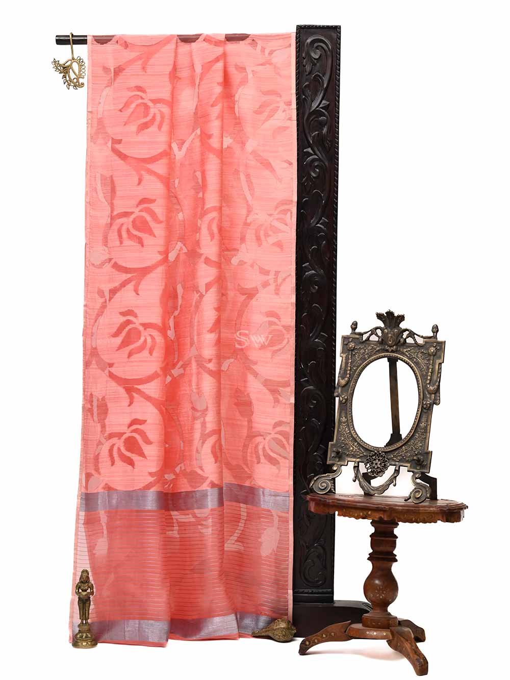Coral Peach Jaal Linen Handloom Banarasi Saree - Sacred Weaves