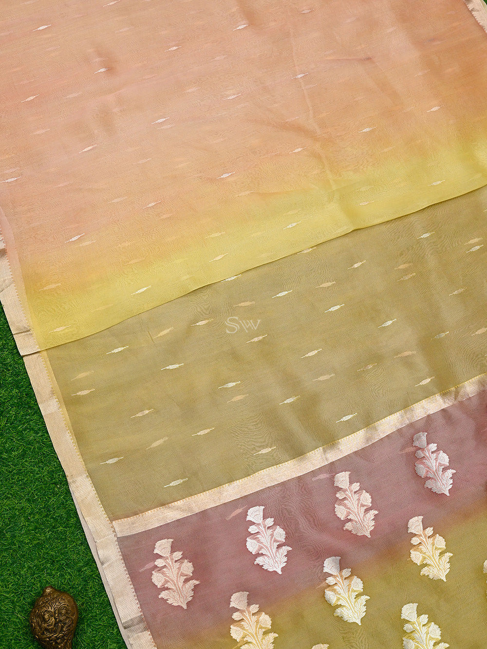 Pastel Yellow Peach Booti Organza Handloom Banarasi Saree - Sacred Weaves