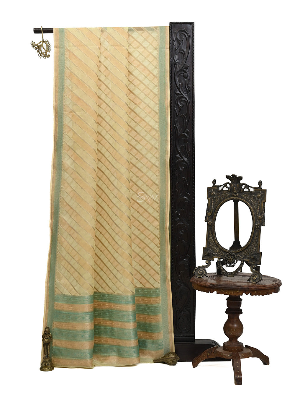 Yellow Rangkat Stripe Organza Handloom Banarasi Saree - Sacred Weaves