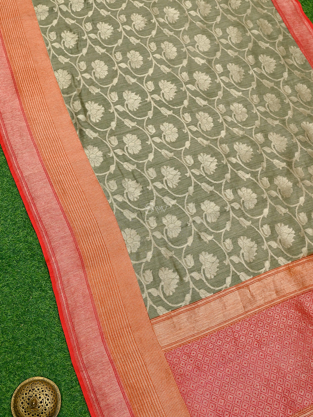Pastel Olive Green Jaal Moonga Silk Handloom Banarasi Saree - Sacred Weaves
