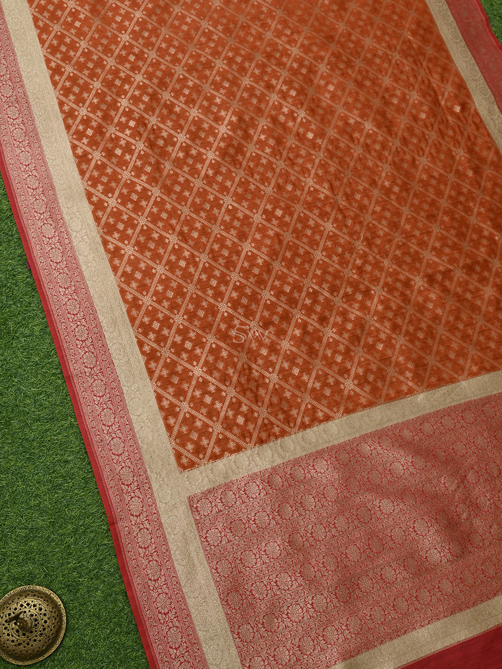 Rust Jaal Moonga Silk Handloom Banarasi Saree - Sacred Weaves