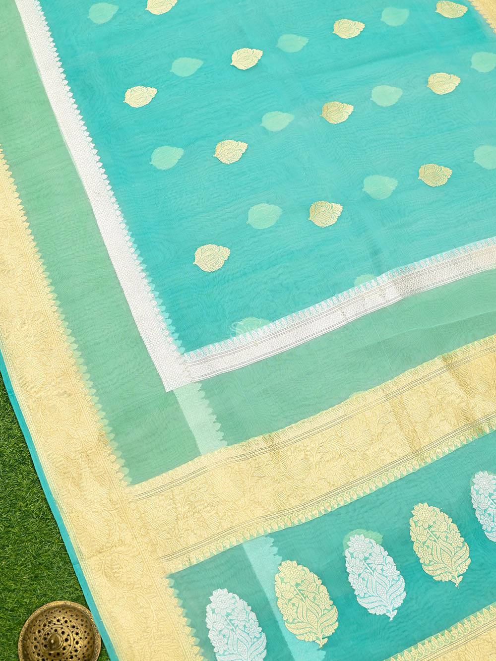 Turquoise Boota Organza Handloom Banarasi Saree - Sacred Weaves
