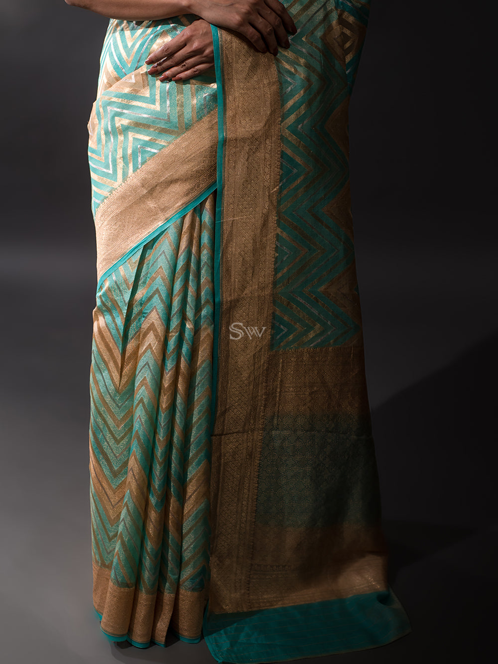 Sea Green Beige Tissue Rangkat Handloom Banarasi Saree - Sacred Weaves
