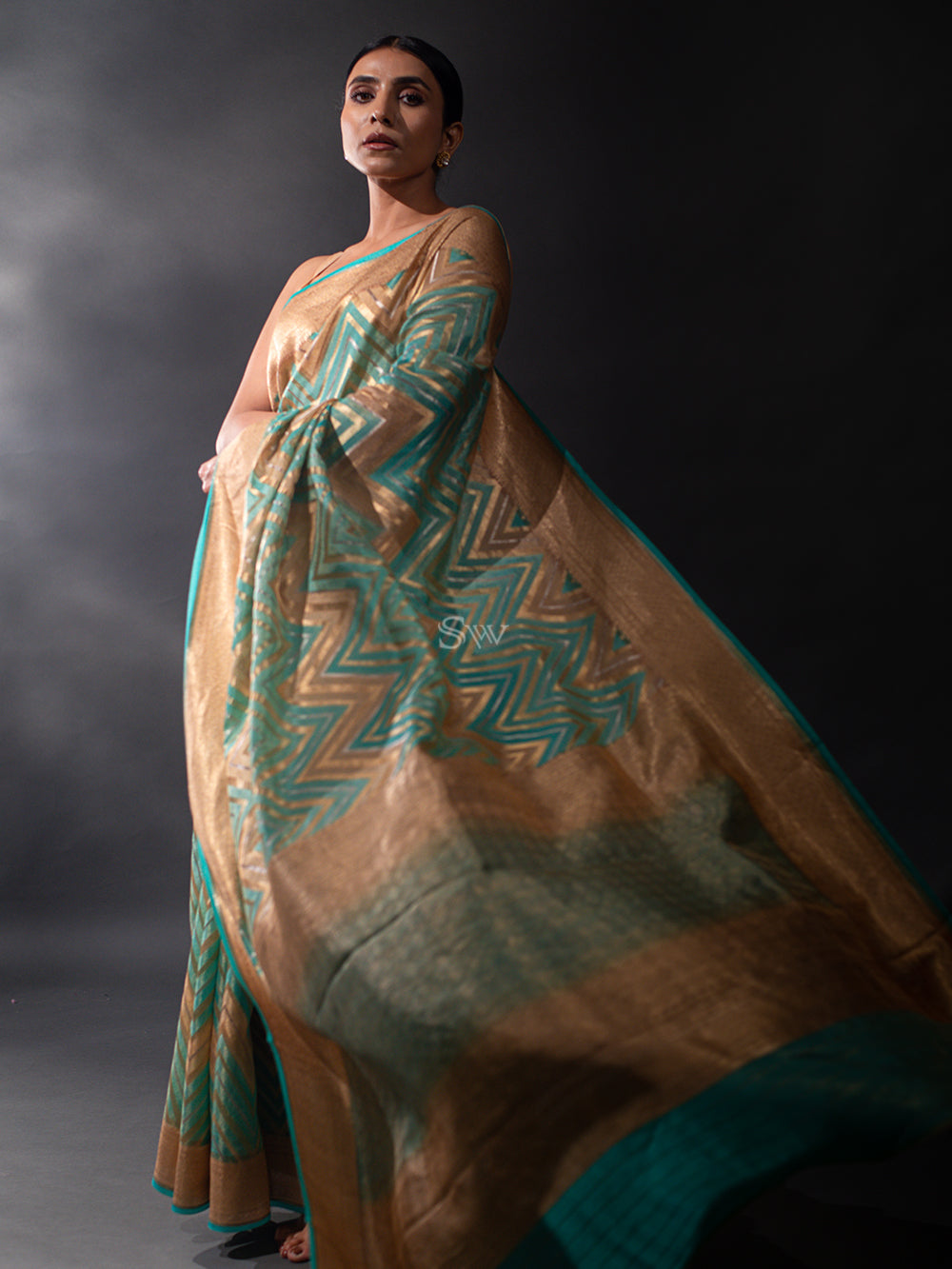 Sea Green Beige Tissue Rangkat Handloom Banarasi Saree - Sacred Weaves