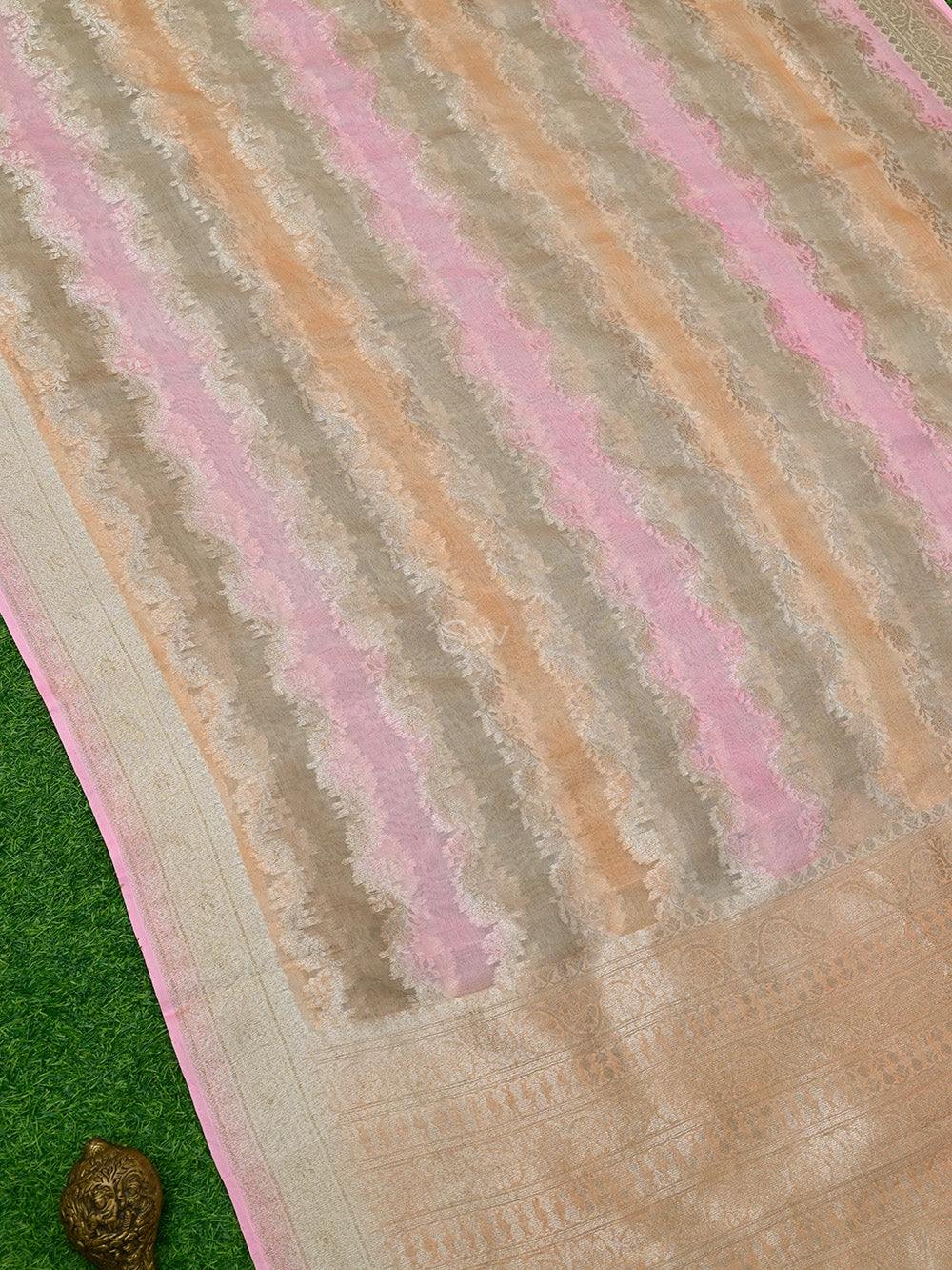 Pastel Pink Beige Rangkat Organza Handloom Banarasi Saree - Sacred Weaves