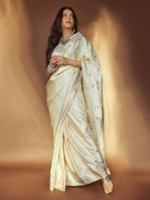 Cream Booti Satin Silk Handloom Banarasi Saree - Sacred Weaves