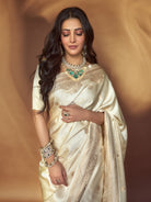 Cream Booti Satin Silk Handloom Banarasi Saree - Sacred Weaves